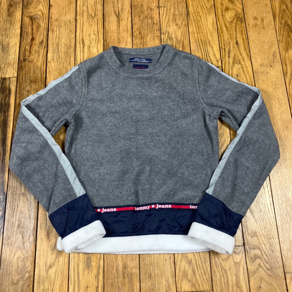 Vintage 90s Tommy Jeans Gray Fleece Pullover Top with‎ Trim Women's Small